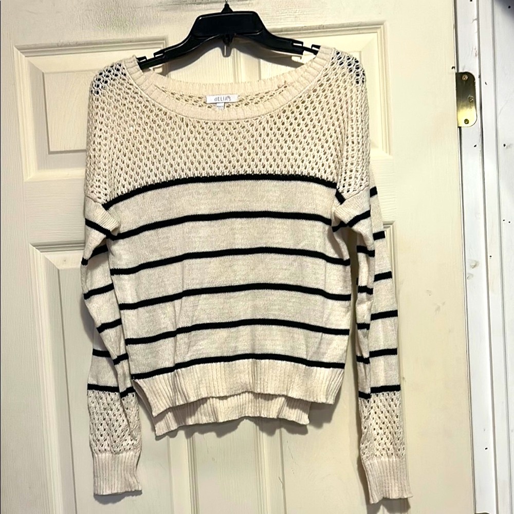 dELiA*s Striped Long Sleeve Crochet Knit Sweater Size Small